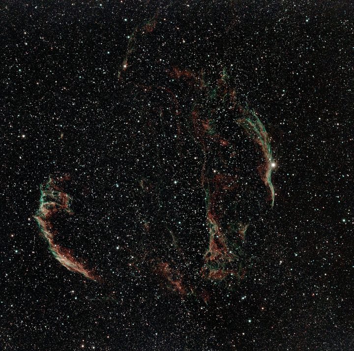 Veil Nebula (NGC 6974) — 2-tile mosaic captured by two telescopes from La Palma