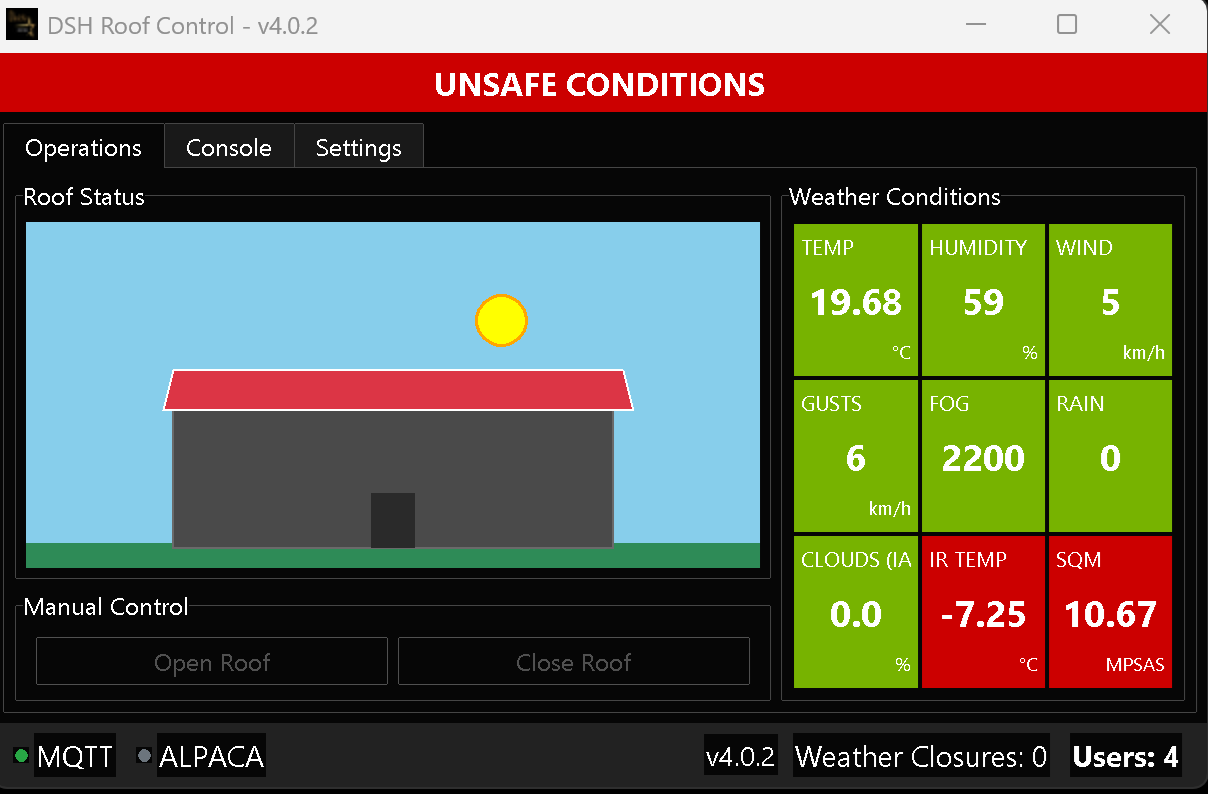 DarkSkyRoof control app — roof status and weather conditions