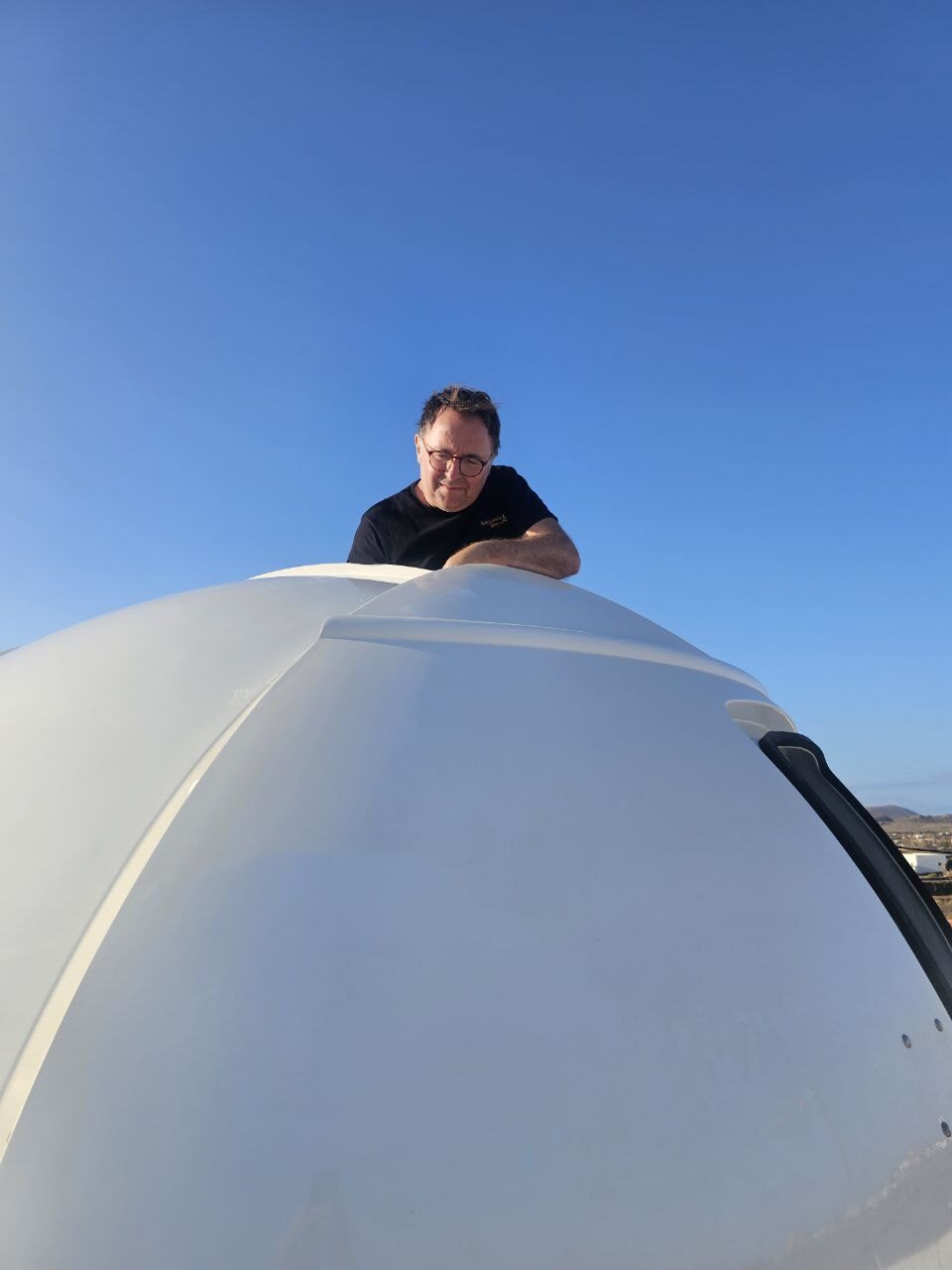 Carlos on the observatory dome at 1,360 m, La Palma